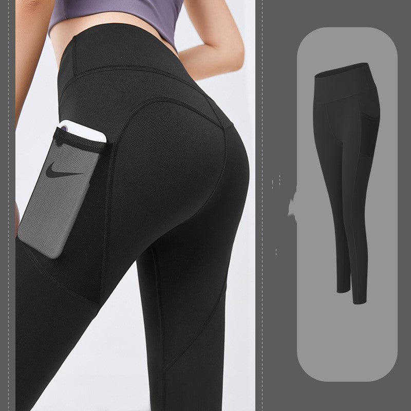 Thin fitness pants with mesh side pockets