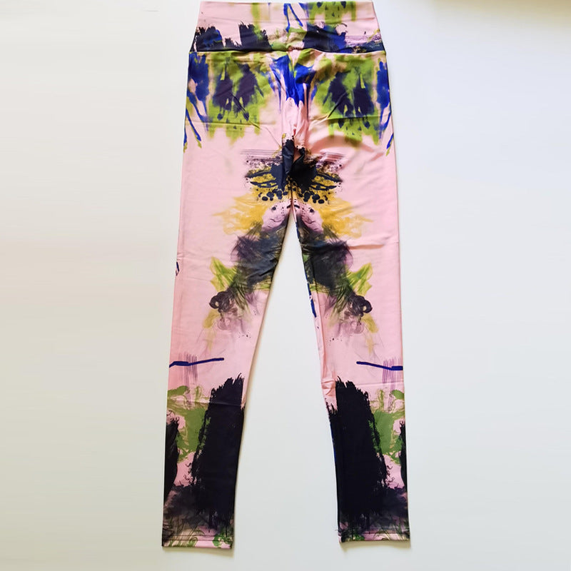 High Waist Yoga Leggings with Abstract Ink Pattern